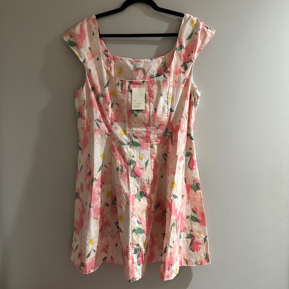 NWT A New‎ Day Floral Square Neck Cap Sleeve Dress Pink White Yellow Size 16